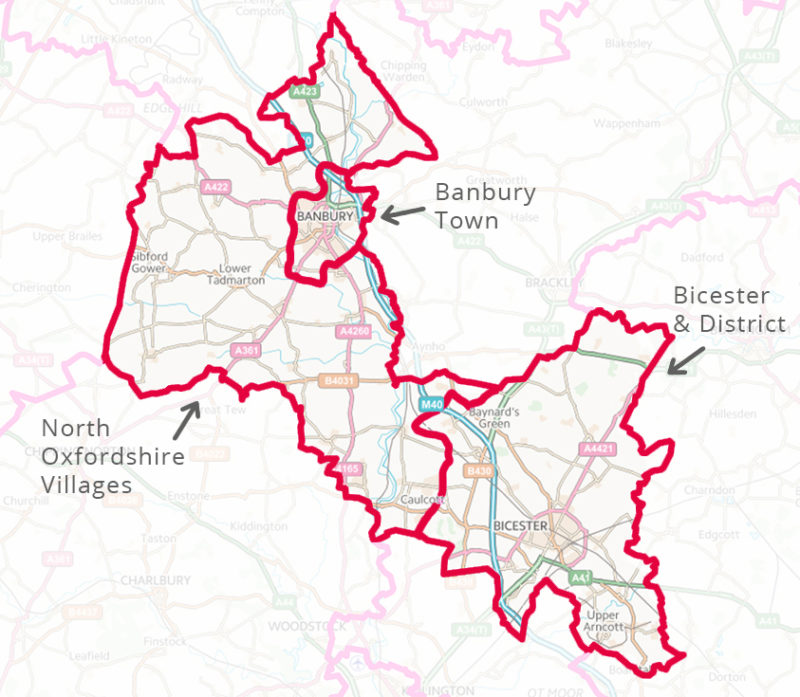 Map of the three branches in Banbury and Bicester CLP