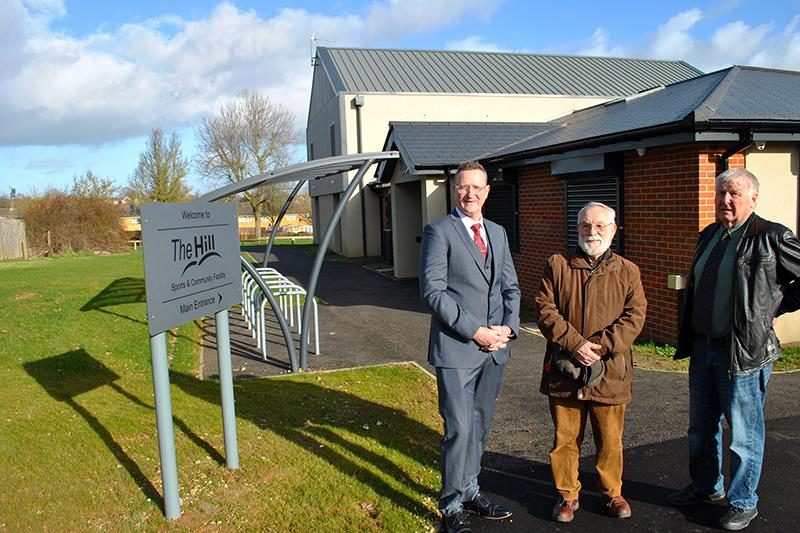 Cllr Mark Cherry, Cllr Gordon Ross and Cllr Barry Richards outside The Hill Community Centre in Ruscote